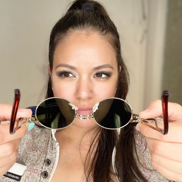 Green lenses gold round frame double bridge nose sunglasses - Picture 5 of 9